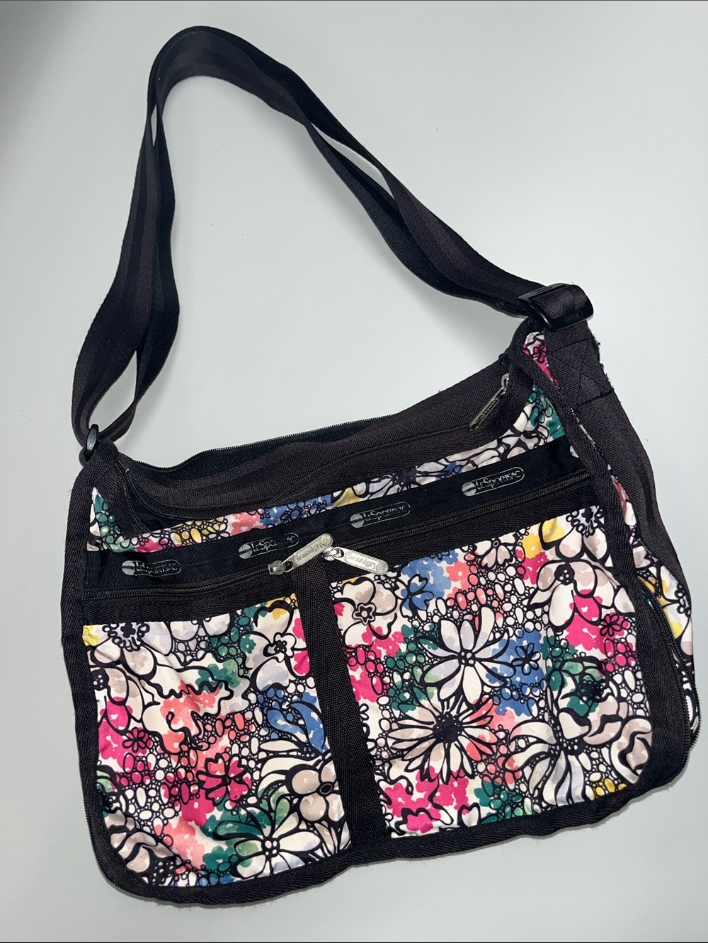 Lesportsac Black Trim Floral Multi-Color Crossbody Bag & Cosmetics Bag Bundle